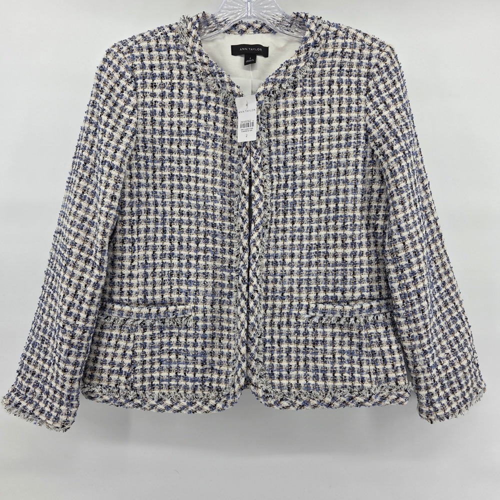 Ann Taylor Cream and Navy Tweed Collarless Blazer